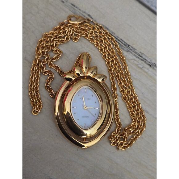 Vintage Gem Time Gold Tone Watch Pendant Necklace w/Mother of Pearl Asian Theme - Picture 8 of 8